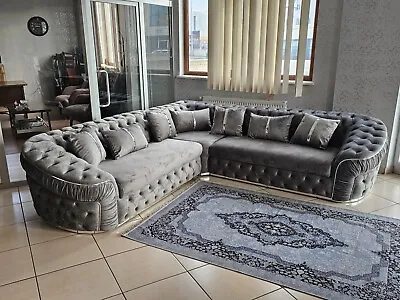 Khalifa | Chesterfield Large Corner Sofa | 2C2 | Grey | Velvet | Silver Trims  • £1699.99