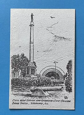 Sterling Illinois Civil War Statue And Grandon Civic Center Sketch Postcard • $4