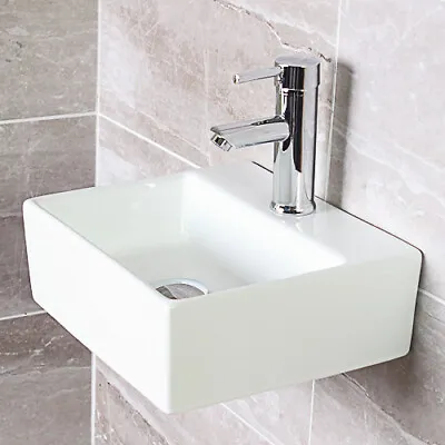 £54.99 • Buy Basin Sink White Square Ceramic Small Modern Cloakroom Basin Wall Hung Corner