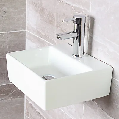 Basin Sink White Square Ceramic Small Modern Cloakroom Basin Wall Hung Corner • £29.99