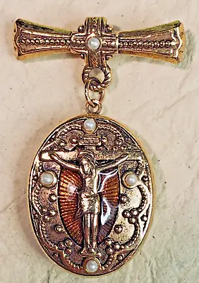 Vatican Library Collection Crucifix Brooch/Locket Epoxy Faux Pearl Enamel • $22