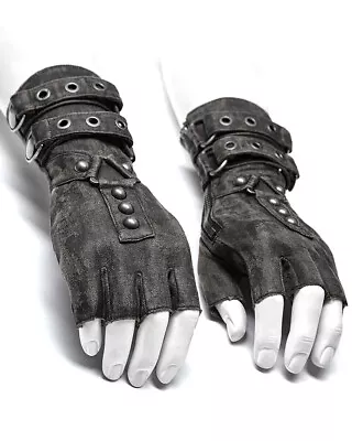Punk Rave Mens Dieselpunk Fingerless Gloves Grey Gothic Steampunk LARP Gauntlets • £39.99