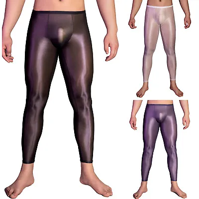 Mens Underwear Workout Long Pants Stage Performance Glossy Gym Tight Ice Silk • £14.99