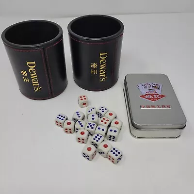 Vintage Dewar's Whiskey Leather Dice Cup 2 Shaker W/19 Dice Set And Poker Cards  • $18.75