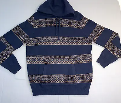 J Crew Rugged Merino Wool Men’s Large Hooded Sweater Blue Nordic • $28.99