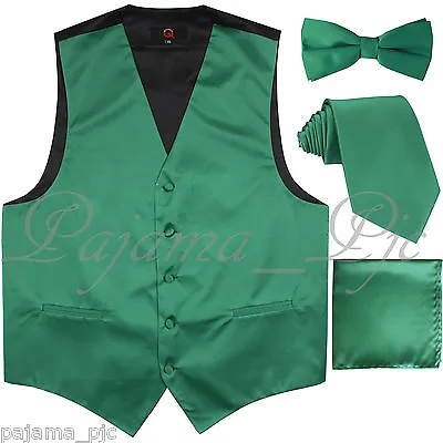 Emerald Green Tuxedo Suit Vest Waistcoat & Neck Tie Straight Cut Bow Tie & Hanky • $25.36