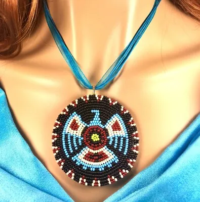 $10.50 • Buy Native Style Handmade Beaded Eagle Turquoise Blue Black Organza Necklace N58/1