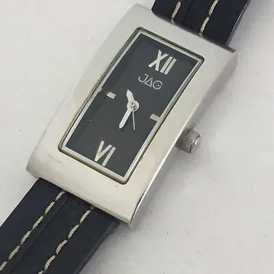 JAG Rectangle Quartz Watch Silver Tone Black Dial Leather Band JAPAN New Battery • $29