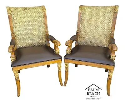 2 HOOKER Neoclassical Wood Leather Herringbone Wicker Accent Dining Desk Chairs • $995
