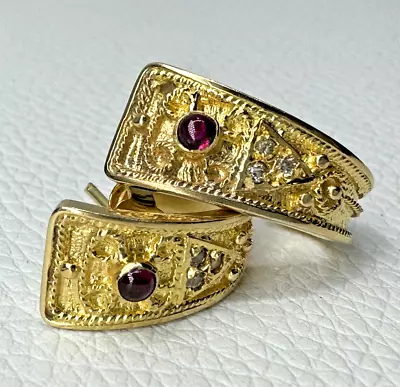 Vintage 14K Yellow Gold Greek Byzantine Etruscan Ruby Diamond Earrings 6g 20mm • $599