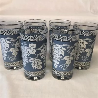 Hazel Atlas Wedgwood Blue White Grapes Highball Glasses Tumblers Set Of 6 1960's • $28.95