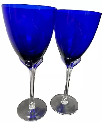 Murano Art Glass Hand Blown Clear Ribbed Tulip Stem Wine Glass Cobalt Blue (2) • $32.50