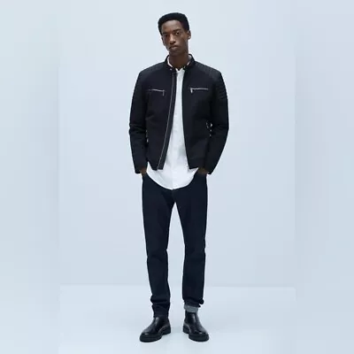 Zara Men’s Textured Padded Biker Bomber Jacket In Black Size L • $50