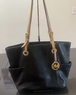 MICHAEL KORS Jet Set Black Pebbled Leather Tote Large Shoulder Handbag • $49.99