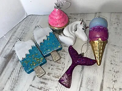 6 Christmas Ornaments Sweet Treat Unicorn Cupcake Ice Cream Cone Mermaid Sparkly • $12.99