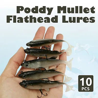 $10.69 • Buy 10PCS Soft Plastic Vibe Lures Poddy Mullet Flathead Jig Heads Barra Cod Fishing