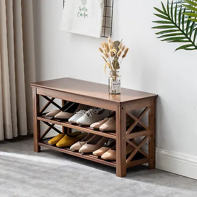 Bench Shoe Storage Rack Solid Wood Shoe Bench 2-Tier Shoe Organizer Entryway • $45.60