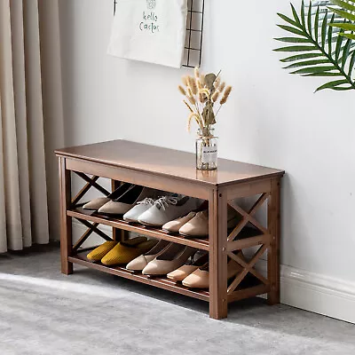 Brown Entryway Organizer Shoe Bench 2-Tier Bamboo 6 Pairs Storage Rack Bench  • $45.60