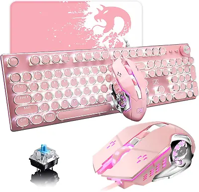 Pink Typewriter Keyboard And MouseRetro Vintage Mechanical Gaming Keyboard With • $78.99