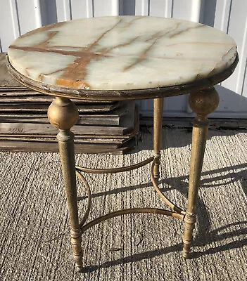 Marble Top Round Brass 4 Leg End Table Vintage Side Accent Filigree • $299.99