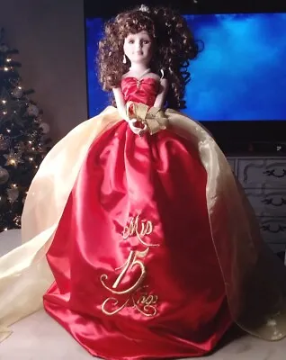 Porcelain Mis 15 Anos Quinceanera Doll In Dress Centerpiece (24” In Stand) • $33.15