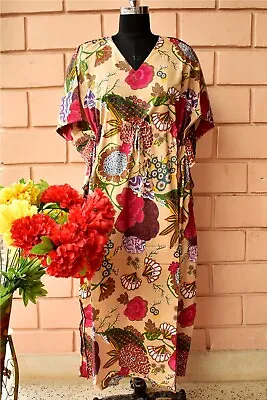 $36.29 • Buy Cotton Indian Kaftan Night Maxi Dress Women Clothing Beige Fruit Maxi Gown AU