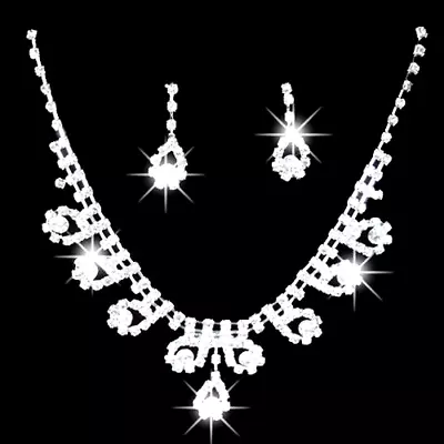 Silver Necklace And Earring Set Sparkling Crystal Rhinestone Wedding Prom Women • £4.99