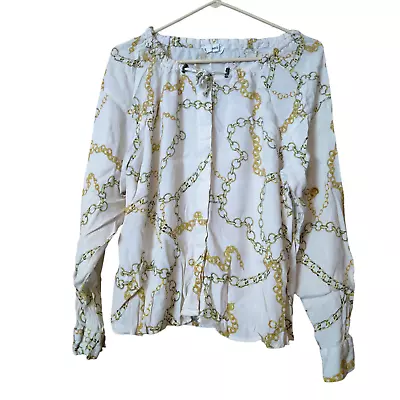 MNG Mango Women's Size 4 Button Up Long Sleeve Chain Print Blouse Ivory/Gold • $14.99