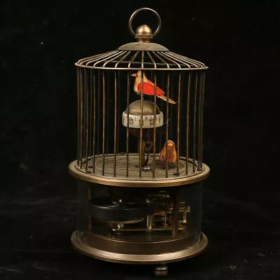  Brass Mechanical Clock Bird Cage Shape Two Birds Circle Moving • $79.99