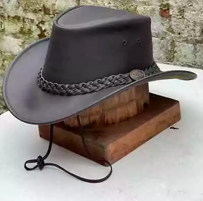 Australian Western Outback Cowboy Bush Hat Brown Genuine Leather Wide Brim • £17.95