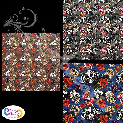 100% Digital Craft Cotton Fabric Skulls Skeleton Halloween Masks Goth Patchwork • £6.99