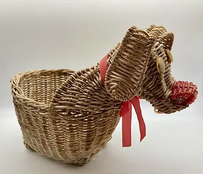 Vintage Wicker Dog Basket Planter Google Eyes Red Nose Boho Whimsical Storage • $18