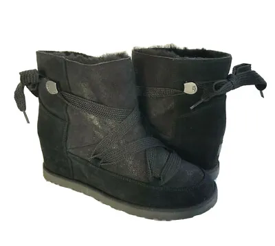 Ugg Classic Femme Lace Up Bomber Black Wedge Ankle Boot Us 7.5 / Eu 38.5 /uk 5.5 • $125