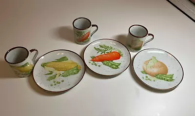 Vintage Japanese Brown Speckled Plates & Mugs (3 Each) Vegetable Theme • $17.99