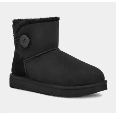 UGG Women’s Mini Bailey Button II Black Sheepskin Suede Ankle Cuff Boot Size 8 • $90