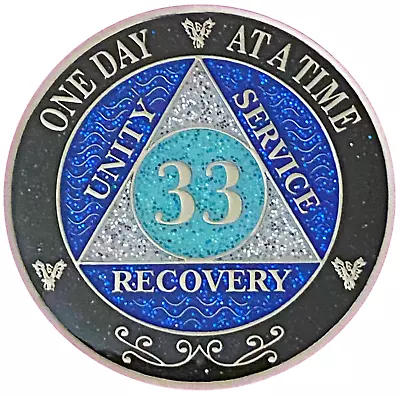 AA 33 Year Medallion Black Rainbow Blue Glitter Alcoholics Anonymous Coin • $25.99