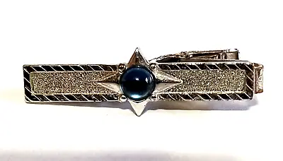 Tie Bar Clip Vintage Silver Blue Stone In Star Textured 11/2 Inch • $10.95