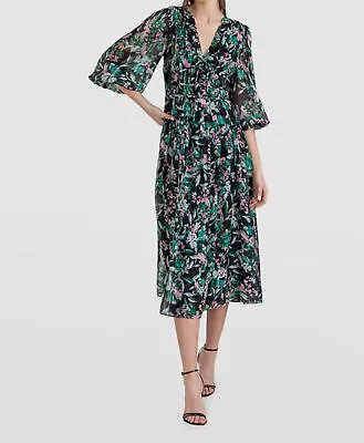 $595 Shoshanna Women Black Silk Floral Smocked Self-Tie A-Line Dress Size 10 • $190.78