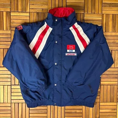 Vintage 80s Ford Credit Racing Puffer Jacket Embroidered Patches Navy Size Large • $39.99