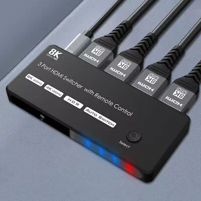 8K Ultra HD 3port HDMI Switcher With Remote Control 48Gbps 3in 1out Auto Switch • $48.80