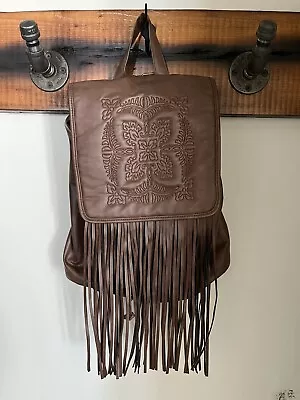 Woman's Mossimo Brown Faux Leather Backpack With Fringe And Embroidery Details • $9.97