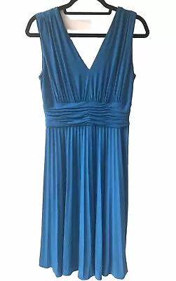 SUZI CHIN For Maggy Boutique Teal Blue Grecian Style Pleated Sheath Dress Size 8 • $45.99