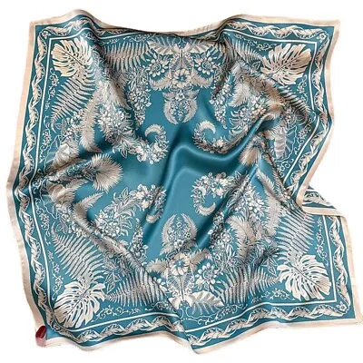 100% Silk Scarf Women Vintage Blue Flower Kerchief Square Bandana Wrap 53*53cm • $11.07