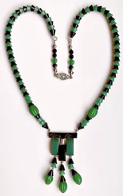 Fabulous Art Deco GREEN & BLACK Glass Cone-bead Necklace~Czechoslovakia~1920s • $49.99