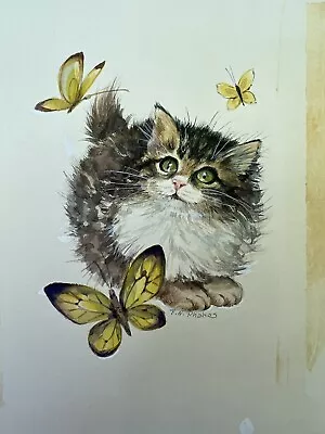 Original Greeting Card Art Cat W/ Butterflies Signed T.N. Phakes • $90