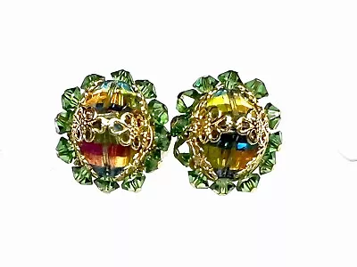 Vintage Signed VENDOME Watermelon Pink  & Green Rivoli Crystal Clip Earrings • $32.50