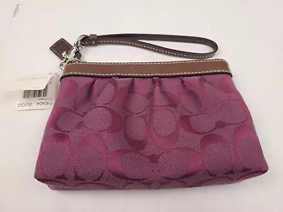 Coach Signature Pleated Wristlet Bag Grape Purple Brown Trim Zip Clutch Wallet • $54.80