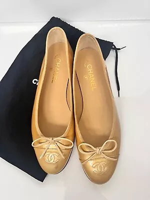 Chanel Ballet Shoes Pumps Golden Beige Patent Leather Size 39.5 UK 6 • £425