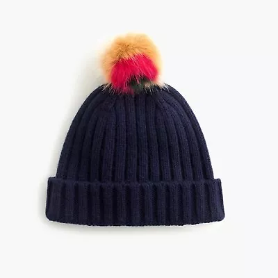 NWT J.CREW Ribbed Beanie With Striped Faux Fur Pom Pom NAVY H3192 *hat Colorful • $39.95