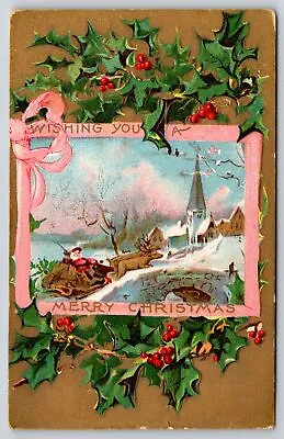 $3.70 • Buy Wishing You A Merry Christmas~Santa & Reindeer Enter Town~PM 1910~Vintage PC